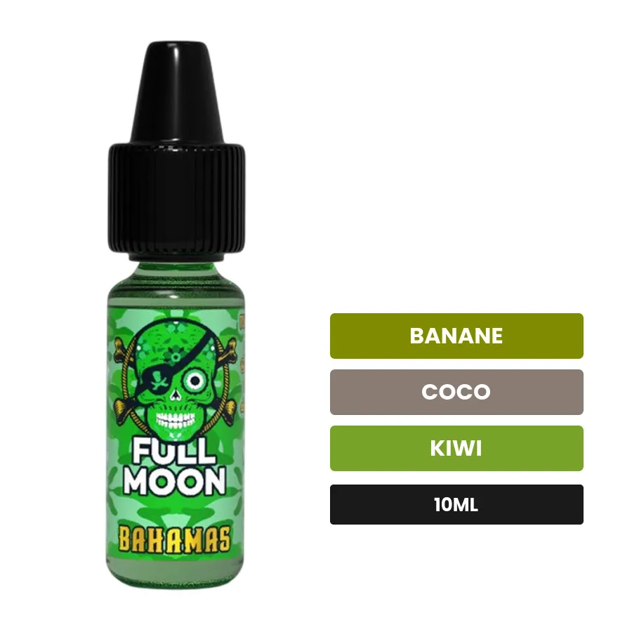Arome concentre Bahamas de Full Moon, 10 ml, saveurs banane, coco et kiwi.