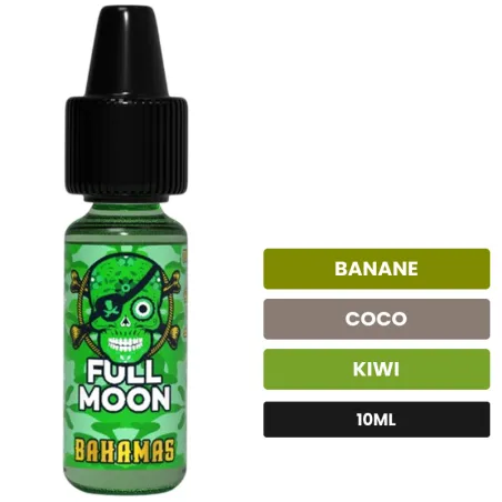 Arome concentre Bahamas de Full Moon, 10 ml, saveurs banane, coco et kiwi.