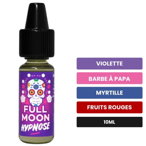 Arome concentre Hypnose de Full Moon, 10 ml, saveurs violette, barbe à papa, myrtille et 2 autres.
