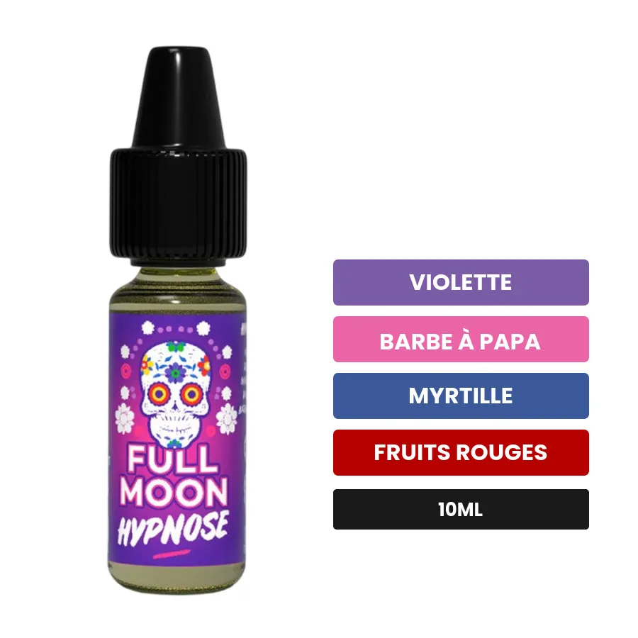 Arome concentre Hypnose de Full Moon, 10 ml, saveurs violette, barbe à papa, myrtille et 2 autres.