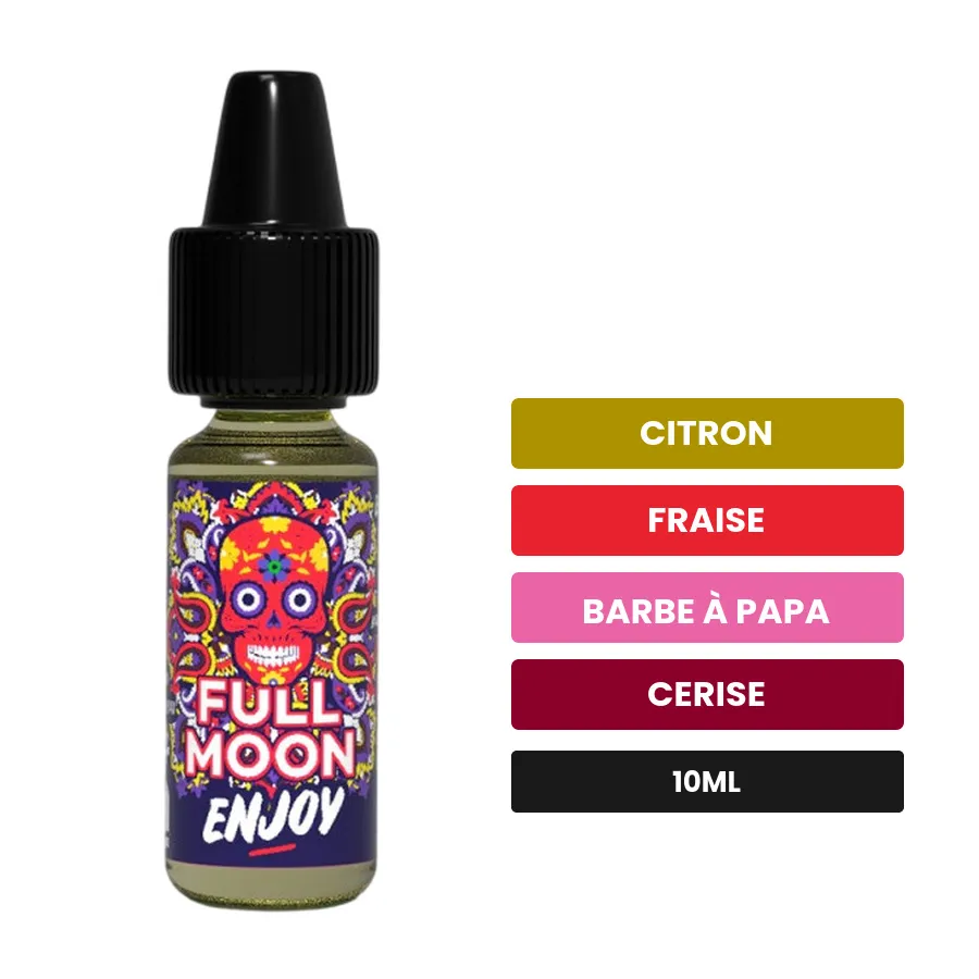 Arome concentre Enjoy de Full Moon, 10 ml, saveurs citron, fraise, barbe à papa et 2 autres.