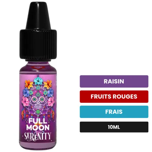 Arome concentre Serenity de Full Moon, 10 ml, saveurs raisin, fruits rouges et frais.