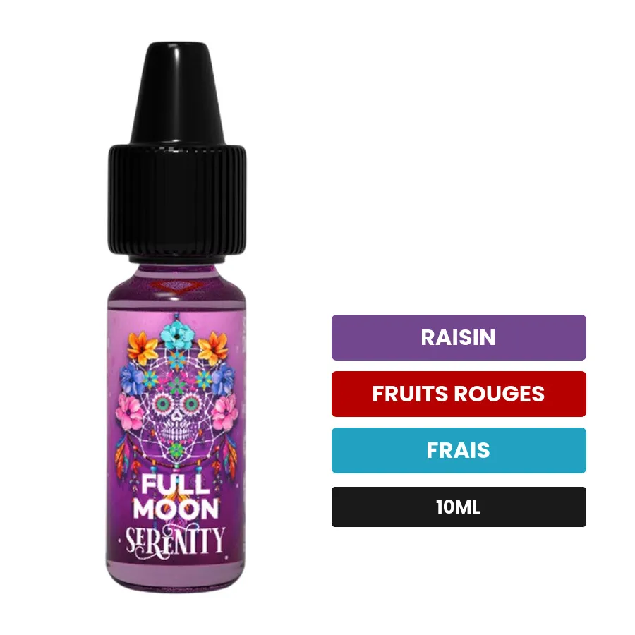 Arome concentre Serenity de Full Moon, 10 ml, saveurs raisin, fruits rouges et frais.