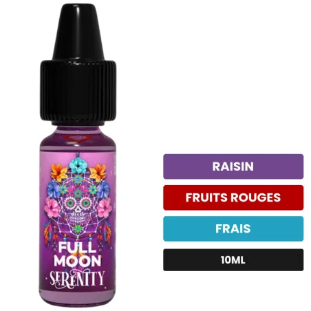 Arome concentre Serenity de Full Moon, 10 ml, saveurs raisin, fruits rouges et frais.