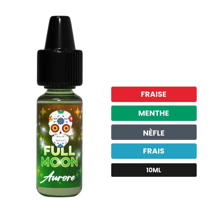Arome concentre Aurore de Full Moon, 10 ml, saveurs fraise, menthe, nèfle et 1 autre.