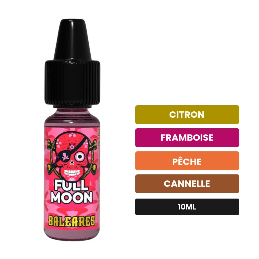 Arome concentre Baléares de Full Moon, 10 ml, saveurs citron, framboise, pêche et 1 autre.