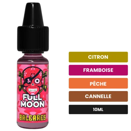 Arome concentre Baléares de Full Moon, 10 ml, saveurs citron, framboise, pêche et 1 autre.