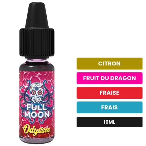 Arome concentre Odyssée de Full Moon, 10 ml, saveurs citron, fruit du dragon, fraise et 1 autre.