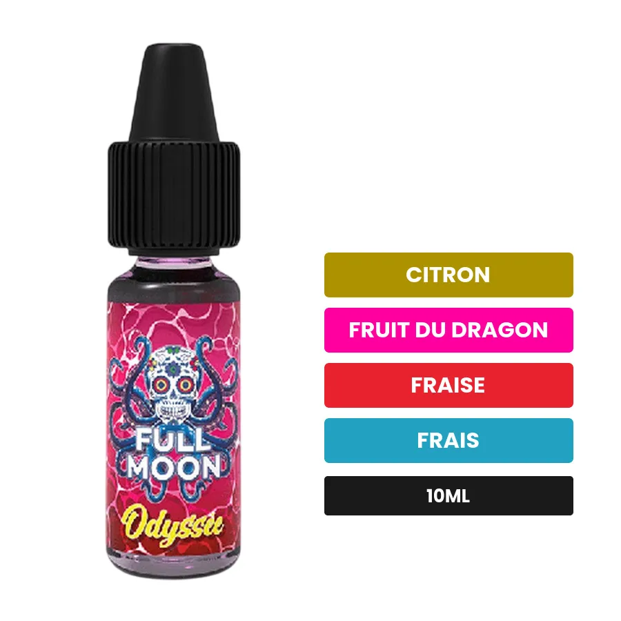 Arome concentre Odyssée de Full Moon, 10 ml, saveurs citron, fruit du dragon, fraise et 1 autre.