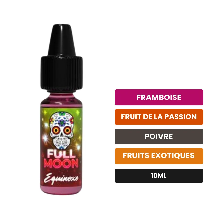 Arome concentre Équinoxe de Full Moon, 10 ml, saveurs framboise, fruit de la passion, poivre et 1 autre.