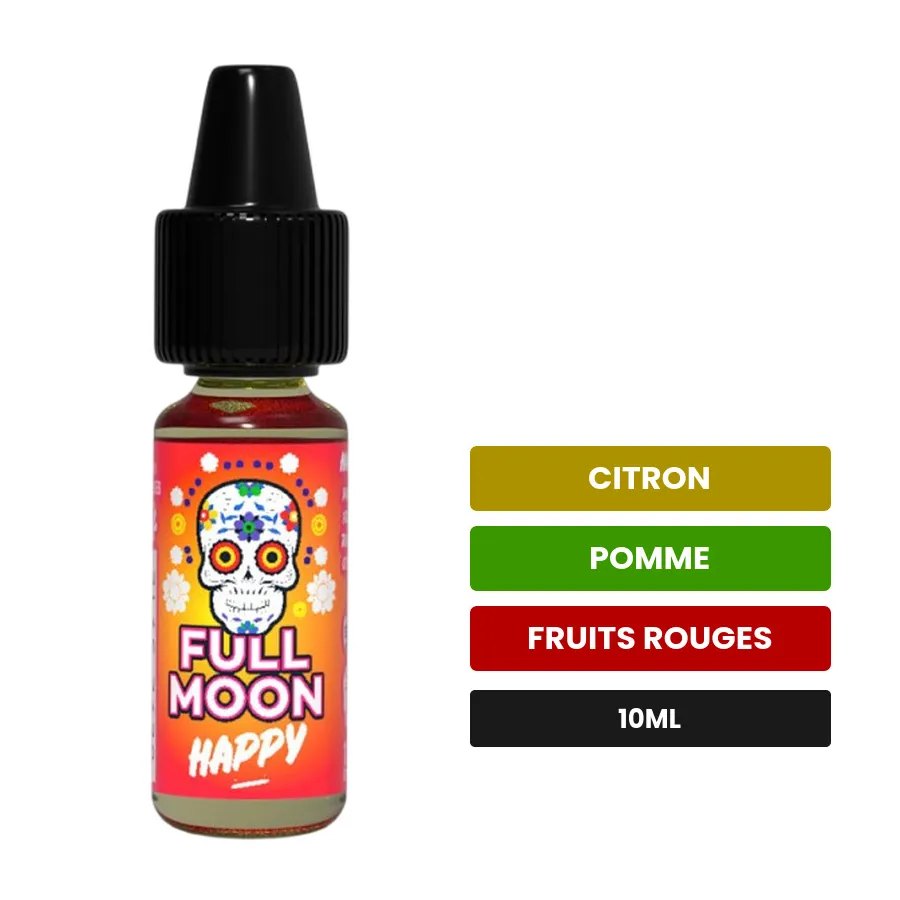 Arome concentre Happy de Full Moon, 10 ml, saveurs citron, pomme et fruits rouges.