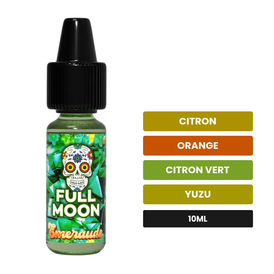 Arome concentre Émeraude de Full Moon, 10 ml, saveurs citron, orange, citron vert et 4 autres.