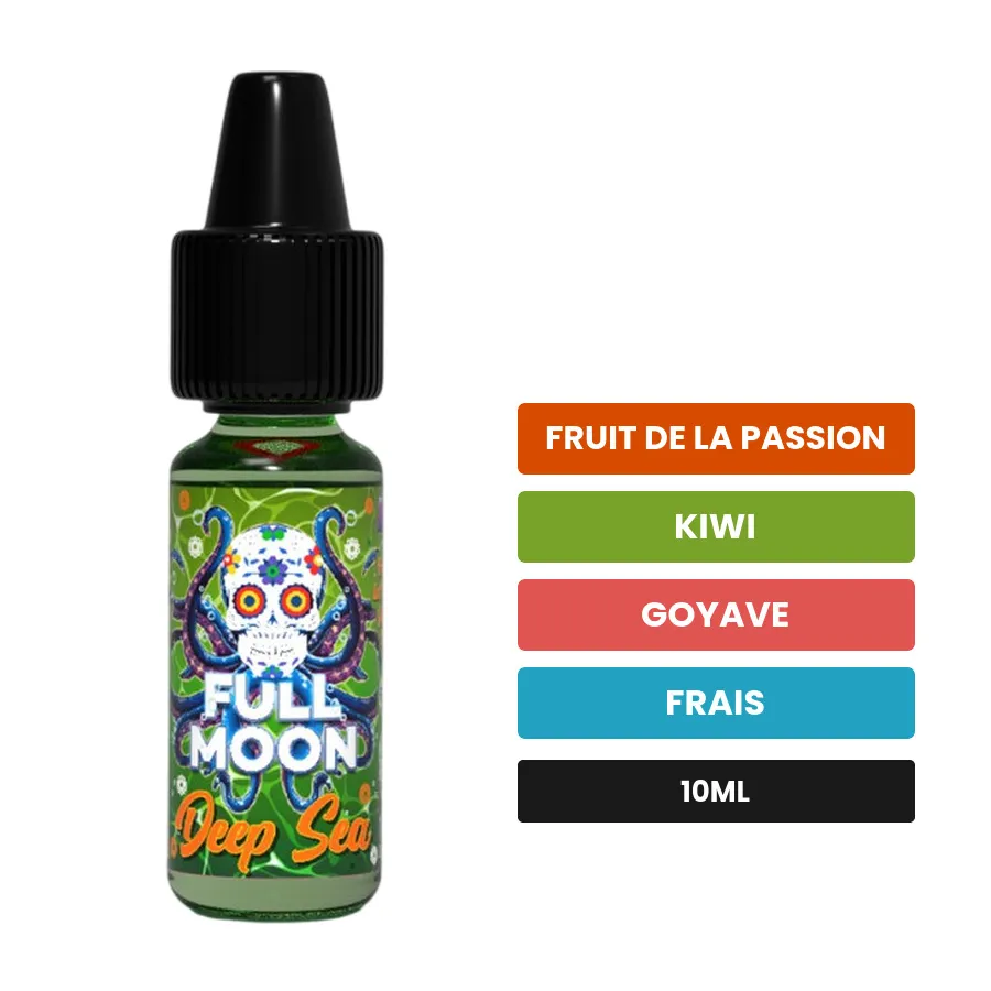 Arome concentre Deep Sea de Full Moon, 10 ml, saveurs fruit de la passion, kiwi, goyave et 1 autre.