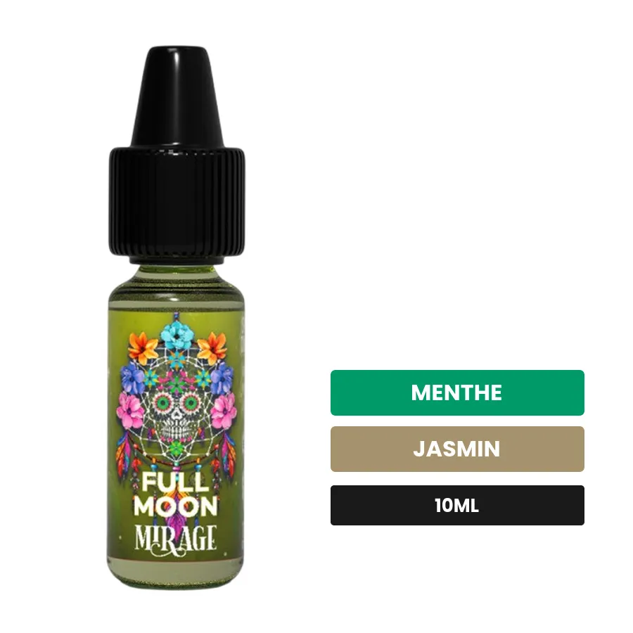 Arome concentre Mirage de Full Moon, 10 ml, saveurs menthe et jasmin.