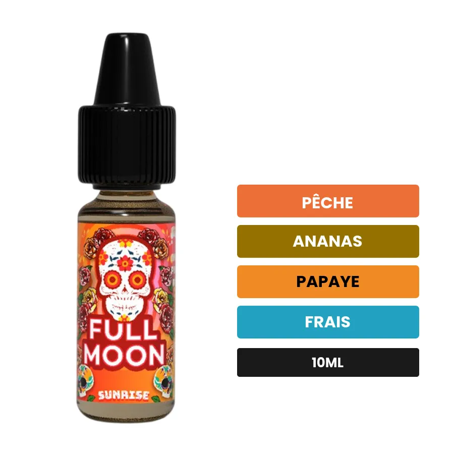 Arome concentre Sunrise de Full Moon, 10 ml, saveurs pêche, ananas, papaye et 1 autre.