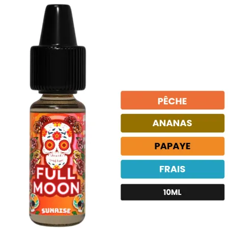 Arome concentre Sunrise de Full Moon, 10 ml, saveurs pêche, ananas, papaye et 1 autre.