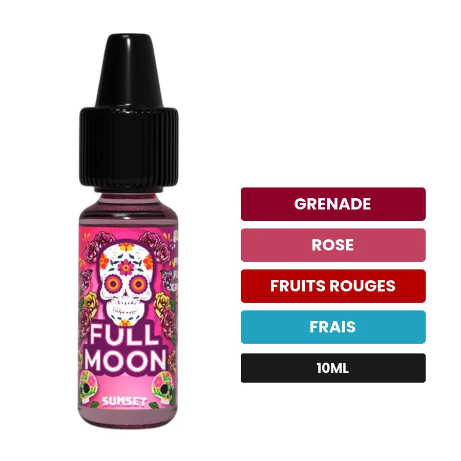 Arome concentre Sunset de Full Moon, 10 ml, saveurs grenade, rose, fruits rouges et 1 autre.