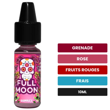 Arome concentre Sunset de Full Moon, 10 ml, saveurs grenade, rose, fruits rouges et 1 autre.