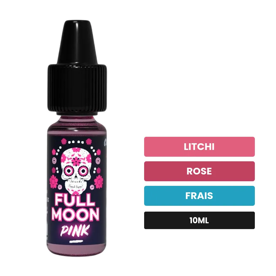 Arome concentre Pink de Full Moon, 10 ml, saveurs litchi, rose et frais.