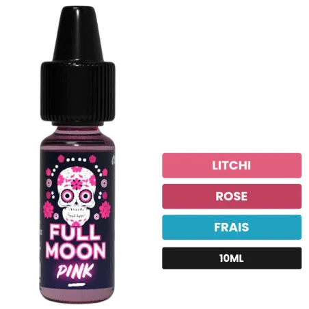 Arome concentre Pink de Full Moon, 10 ml, saveurs litchi, rose et frais.