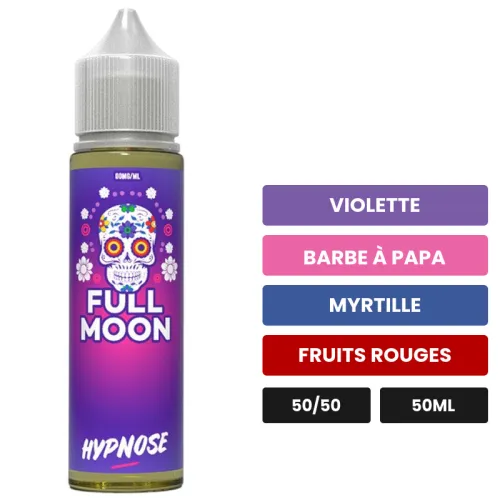 E-liquide Hypnose de Full Moon, 50 ml, saveurs violette, barbe à papa, myrtille et 2 autres.