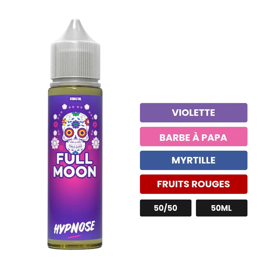 E-liquide Hypnose de Full Moon, 50 ml, saveurs violette, barbe à papa, myrtille et 2 autres.