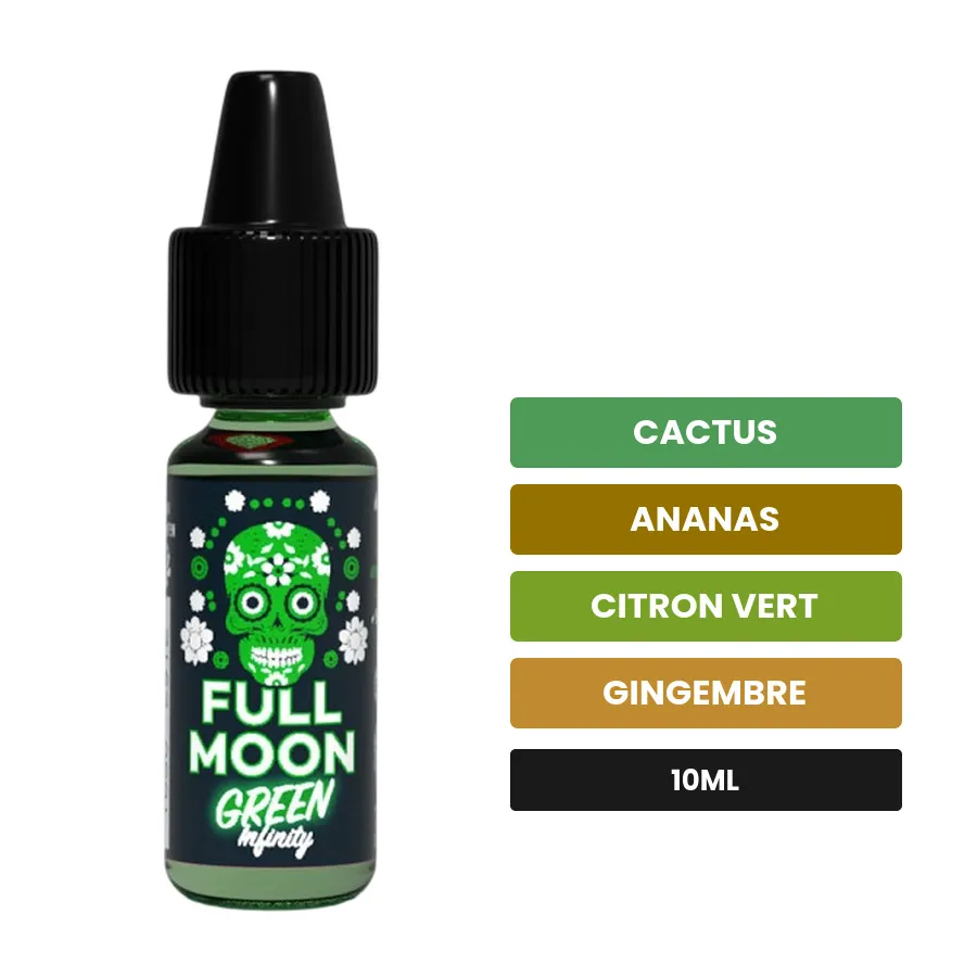 Arome concentre Green Infinity de Full Moon, 10 ml, saveurs cactus, ananas, citron vert et 2 autres.
