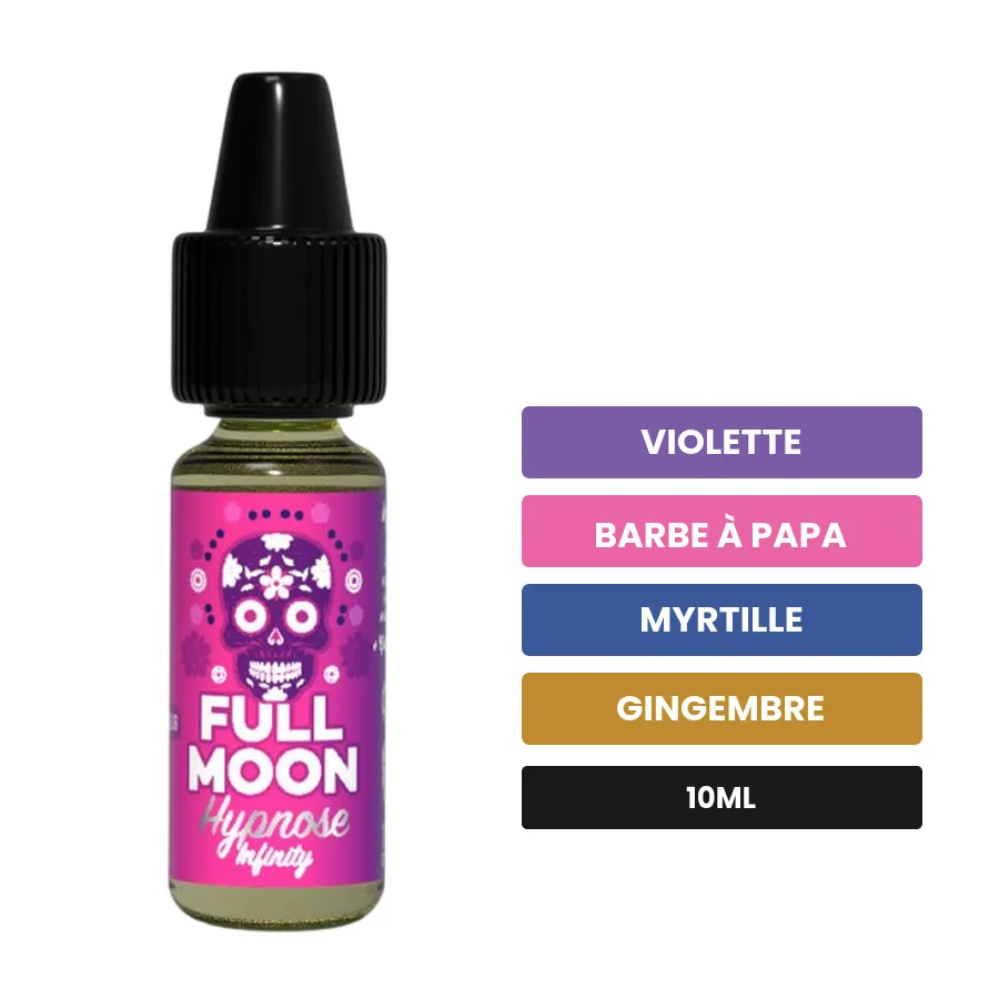 Arome concentre Hypnose Infinity de Full Moon, 10 ml, saveurs violette, barbe à papa, myrtille et 3 autres.