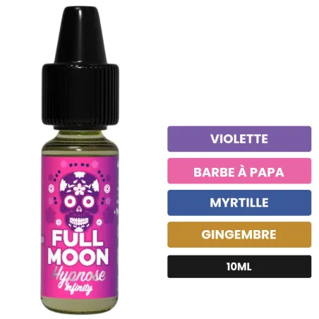 Arome concentre Hypnose Infinity de Full Moon, 10 ml, saveurs violette, barbe à papa, myrtille et 3 autres.