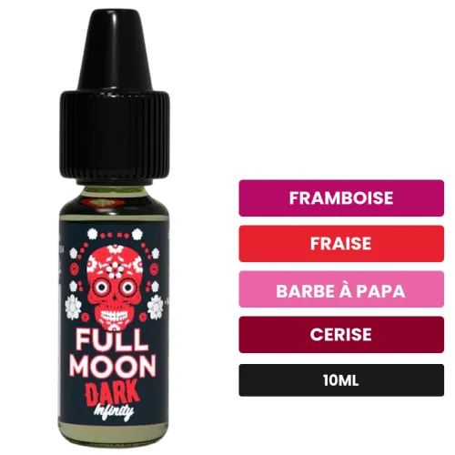 Arome concentre Dark Infinity de Full Moon, 10 ml, saveurs framboise, fraise, barbe à papa et 3 autres.