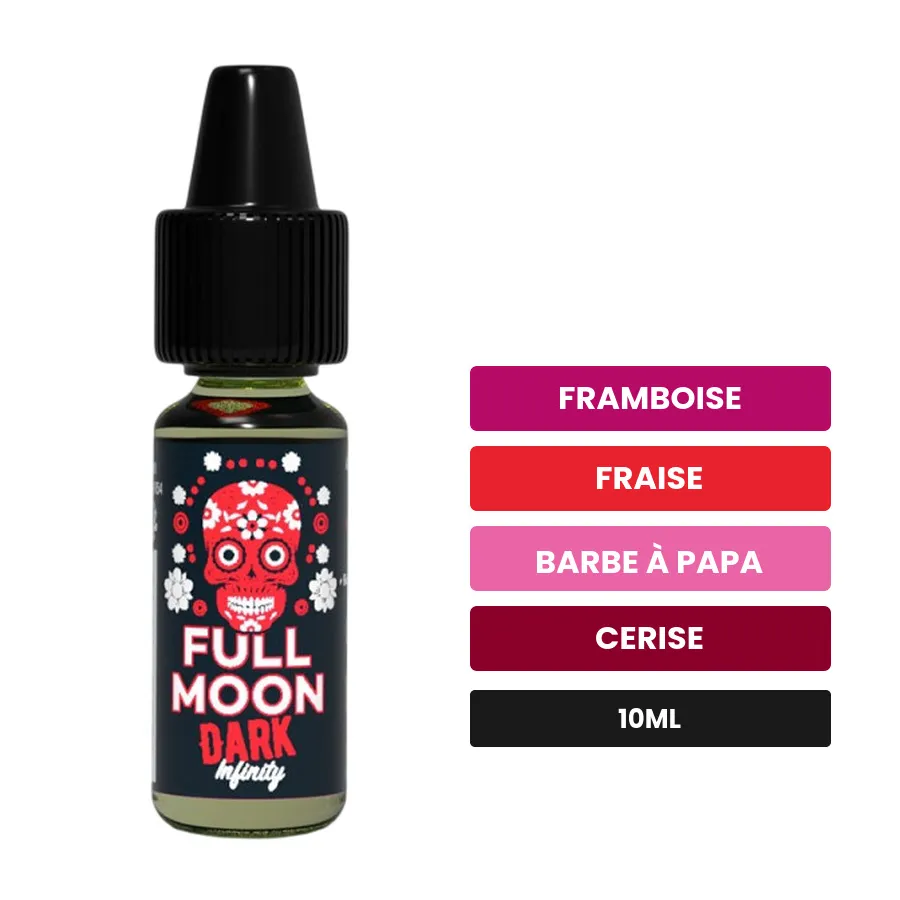 Arome concentre Dark Infinity de Full Moon, 10 ml, saveurs framboise, fraise, barbe à papa et 3 autres.