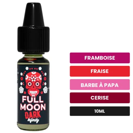 Arome concentre Dark Infinity de Full Moon, 10 ml, saveurs framboise, fraise, barbe à papa et 3 autres.