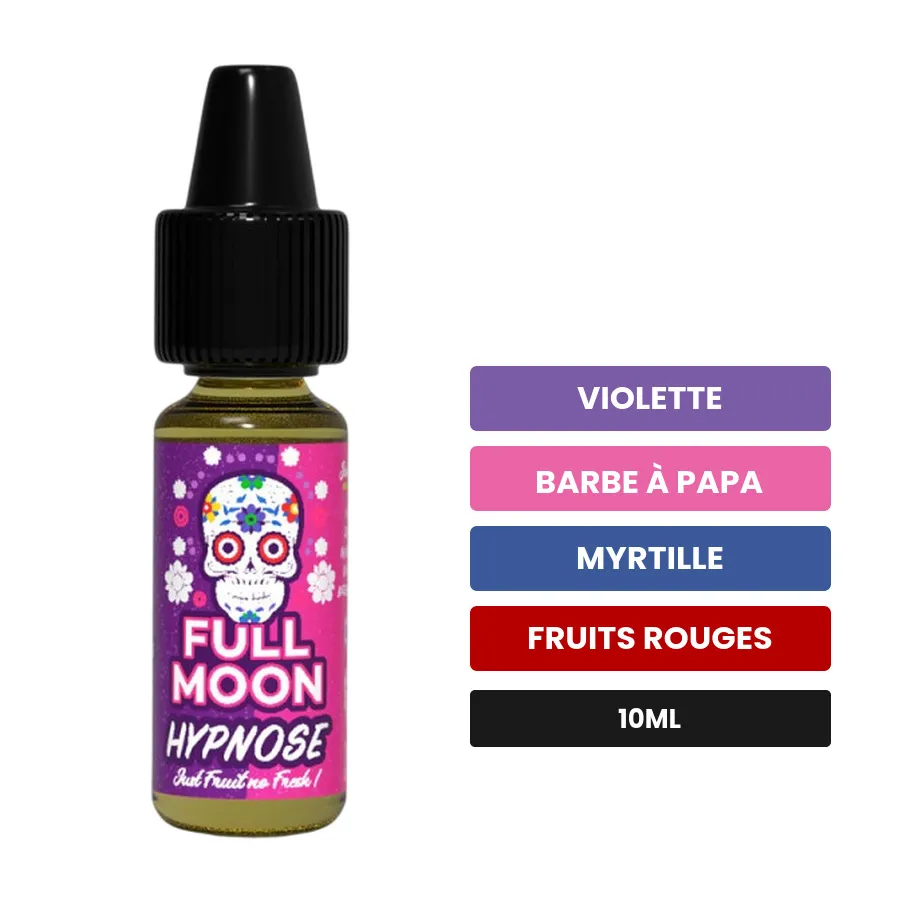 Arome concentre Hypnose Just Fruit de Full Moon, 10 ml, saveurs violette, barbe à papa, myrtille et 1 autre.