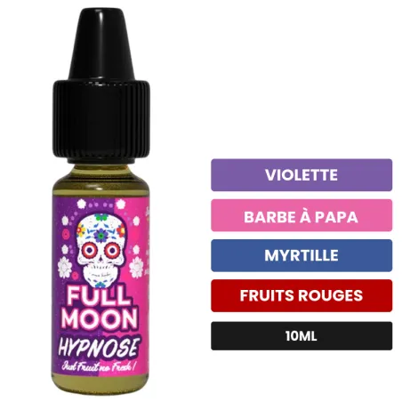 Arome concentre Hypnose Just Fruit de Full Moon, 10 ml, saveurs violette, barbe à papa, myrtille et 1 autre.