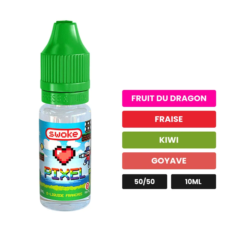 E-liquide Pixel de Swoke, 10 ml, saveurs fruit du dragon, fraise, kiwi et 1 autre.