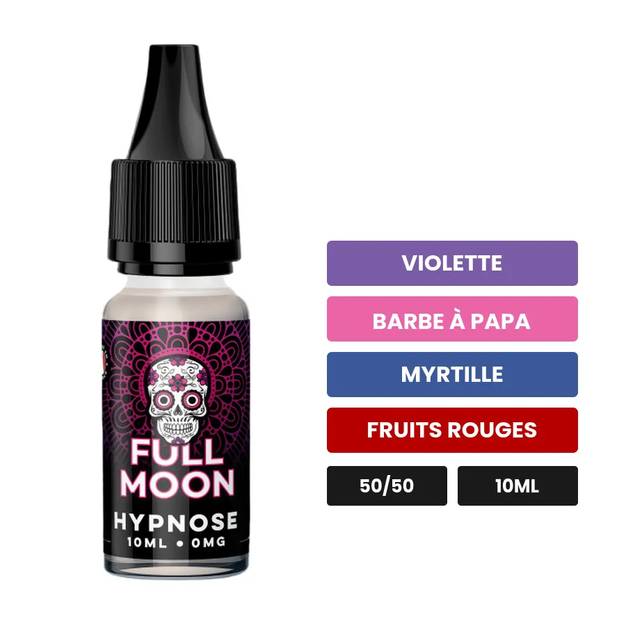 E-liquide Hypnose de Full Moon, 10 ml, saveurs violette, barbe à papa, myrtille et 2 autres.