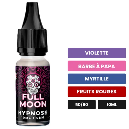 E-liquide Hypnose de Full Moon, 10 ml, saveurs violette, barbe à papa, myrtille et 2 autres.