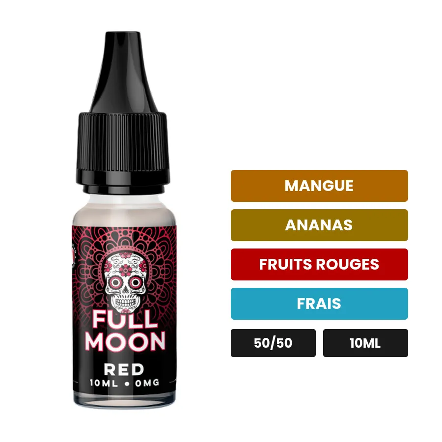 E-liquide Red de Full Moon, 10 ml, saveurs mangue, ananas, fruits rouges et 1 autre.
