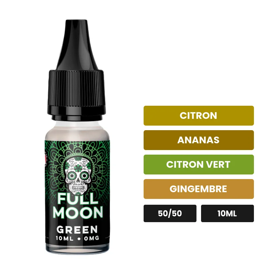 E-liquide Green de Full Moon, 10 ml, saveurs citron, ananas, citron vert et 2 autres.