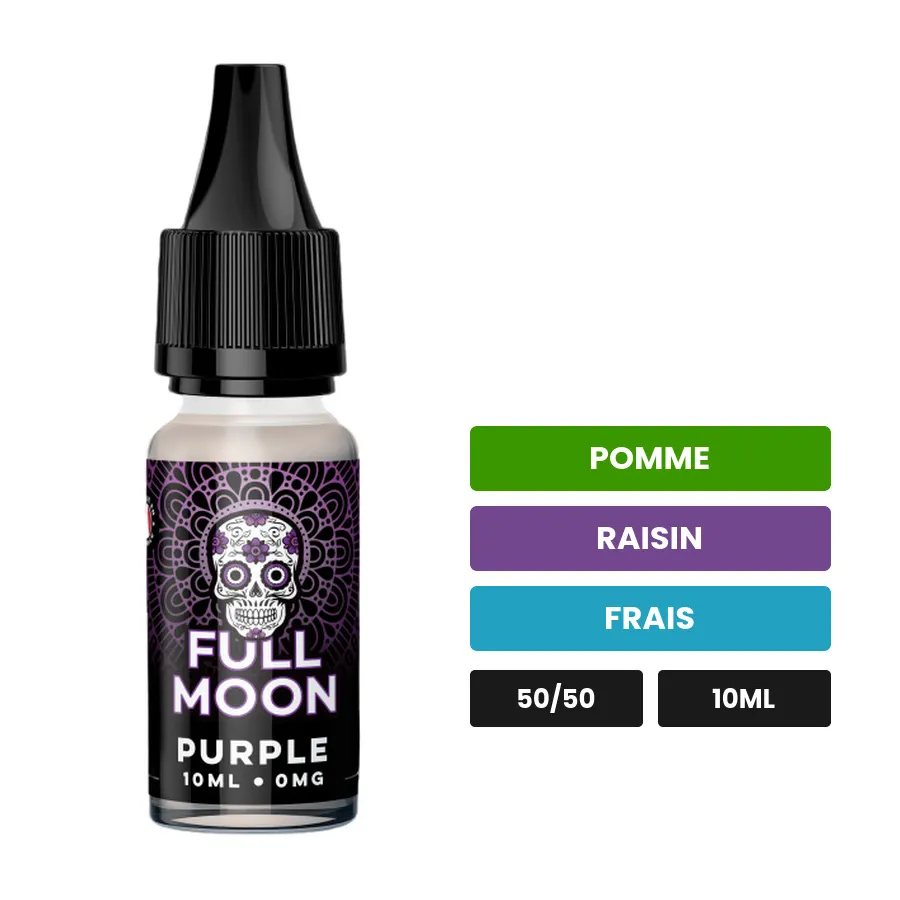 E-liquide Purple de Full Moon, 10 ml, saveurs pomme, raisin et frais.