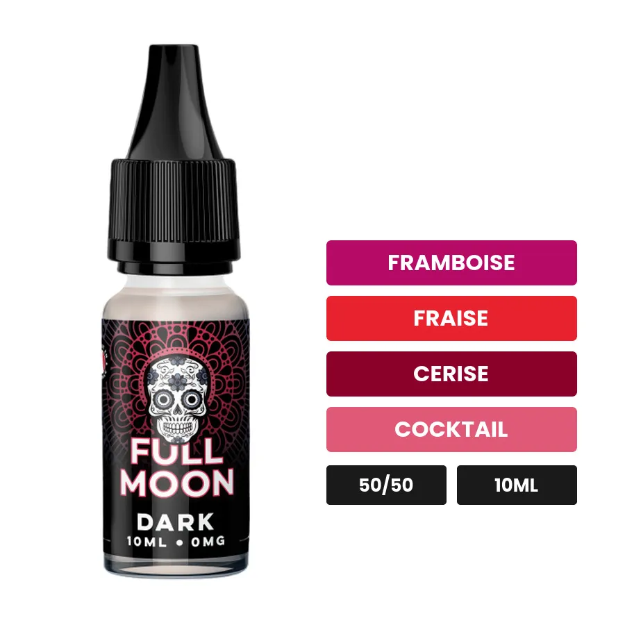 E-liquide Dark de Full Moon, 10 ml, saveurs framboise, fraise, cerise et 2 autres.