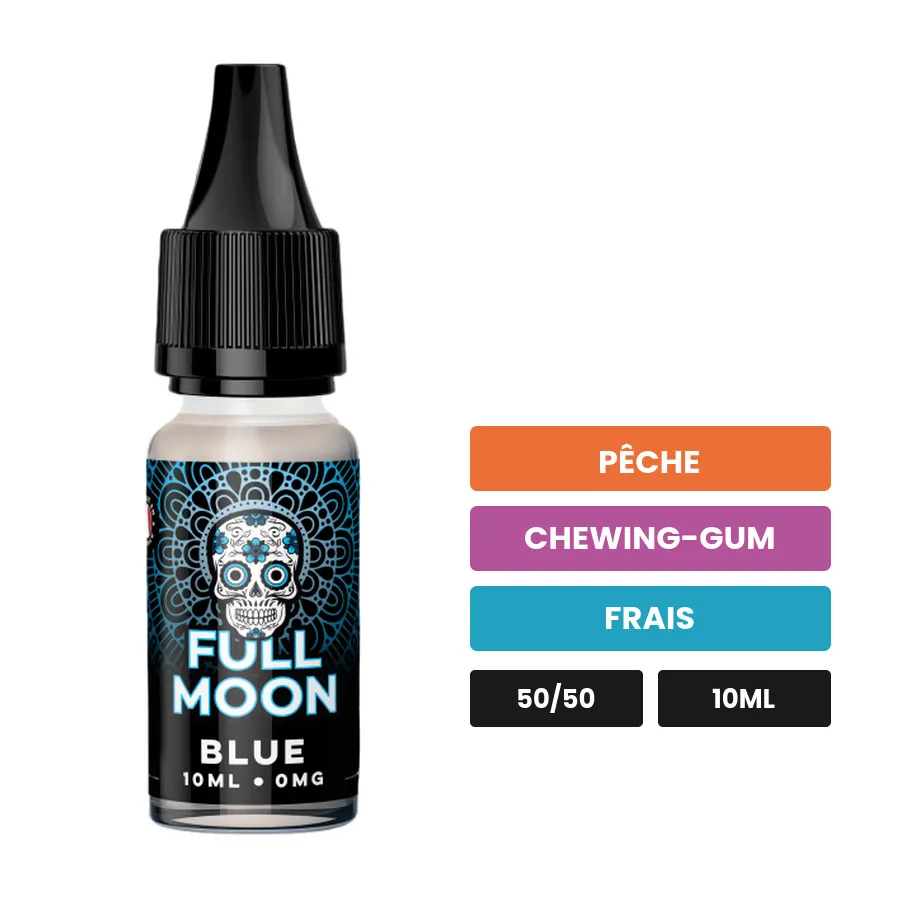 E-liquide Blue de Full Moon, 10 ml, saveurs pêche, chewing-gum et frais.