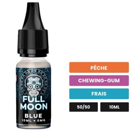 E-liquide Blue de Full Moon, 10 ml, saveurs pêche, chewing-gum et frais.