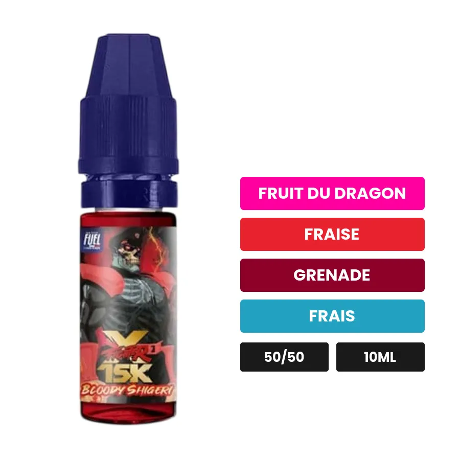 E-liquide Bloody Shigeri de Maison Fuel, 10 ml, saveurs fruit du dragon, fraise, grenade et 1 autre.