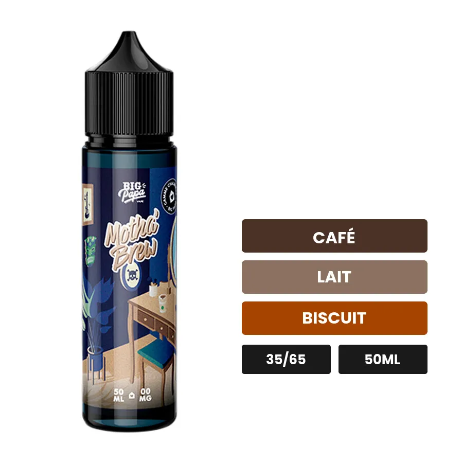 E-liquide Motha' Brew de Big Papa, 50 ml, saveurs café, lait et biscuit.