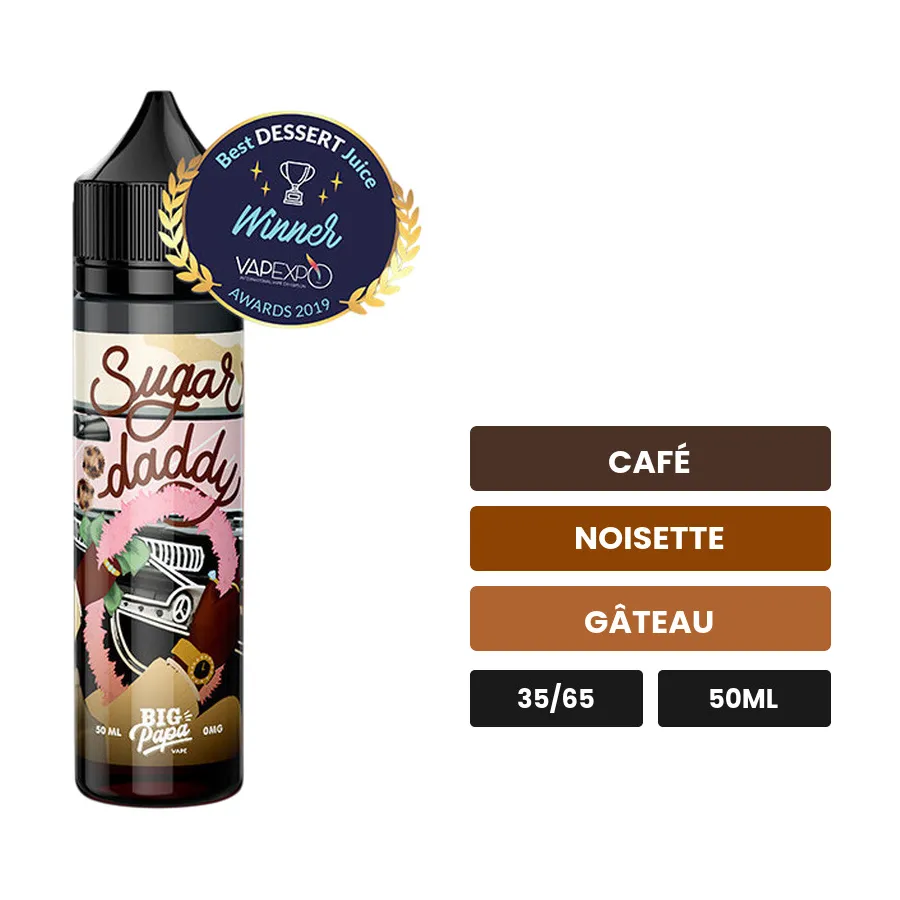 E-liquide Sugar Daddy de Big Papa, 50 ml, saveurs café, noisette et gâteau.