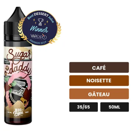 E-liquide Sugar Daddy de Big Papa, 50 ml, saveurs café, noisette et gâteau.