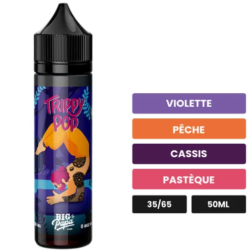 E-liquide Trippy Pop de Big Papa, 50 ml, saveurs violette, pêche, cassis et 1 autre, sans nicotine — prêt à booster de.