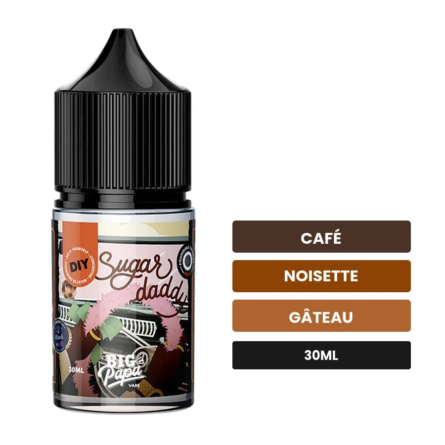 Arome concentre Sugar Daddy de Big Papa, 30 ml, saveurs café, noisette et gâteau.