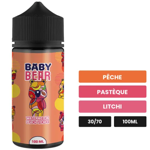 E-liquide Watermelon Peach Lychee de Biggy Bear, 100 ml, saveurs pêche, pastèque et litchi, sans nicotine — prêt à booster.